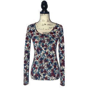Tezenis Women’s Small Floral Long Sleeve Top Red Blue White Stretch Scoop Neck